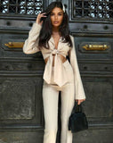 OOTDGIRL 2024 New Elegant Woman Tie-Front Crop Jacket and Pants Set Beige Color - Noxlook