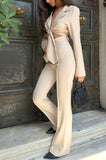 OOTDGIRL 2024 New Elegant Woman Tie-Front Crop Jacket and Pants Set Beige Color - Noxlook