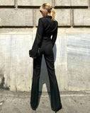 OOTDGIRL 2024 New Elegant Woman Tie-Front Crop Jacket and Pants Set Black Color - Noxlook