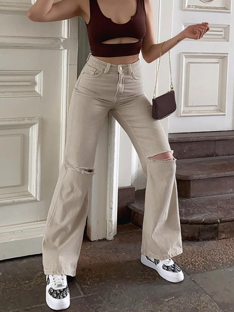 Ootdgirl  Causal Denim Pants Distressed Ripped Hole Jeans Y2k Women High Waist Pants Straight Trousers 90S Streetwear Clothes