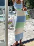 Ootdgirl   Backless Midi Women Summer Dress Hollow Out Elegant Korean Fashion Beachwear Stripe Bodycon Casual Clothing 2022
