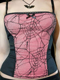 Ootdgirl Vintage Spider Net Mesh Pink Camis Goth Grunge Bodycon Backless Camisole Aesthetic Bow Patchwork Summer Basic Tops