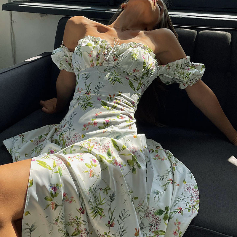 Ootdgirl  Summer Floral Off Shoulder Puff Sleeve Maxi Dress For Woman Robe  Lace Up Side Split Chic Mid-Calf Aesthetic Dress