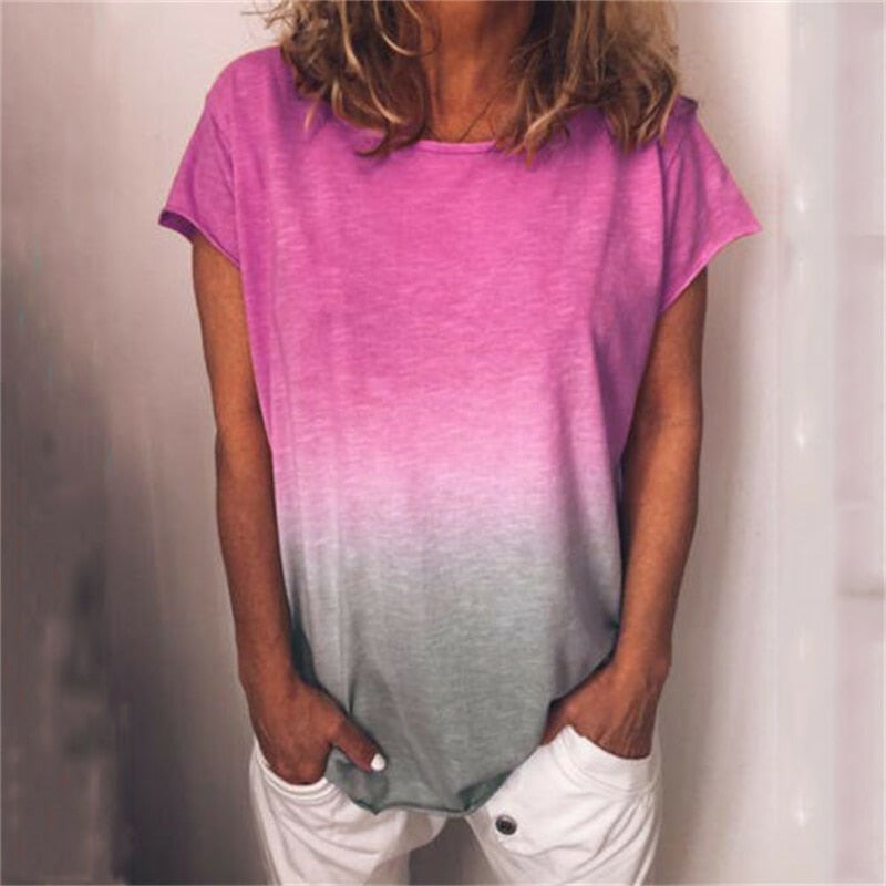 OOTDGIRL Fashionable Gradient Color T-Shirt Women Ladies Short Sleeve Casual Tee Tops Summer Casual Loose Tops T-Shirts