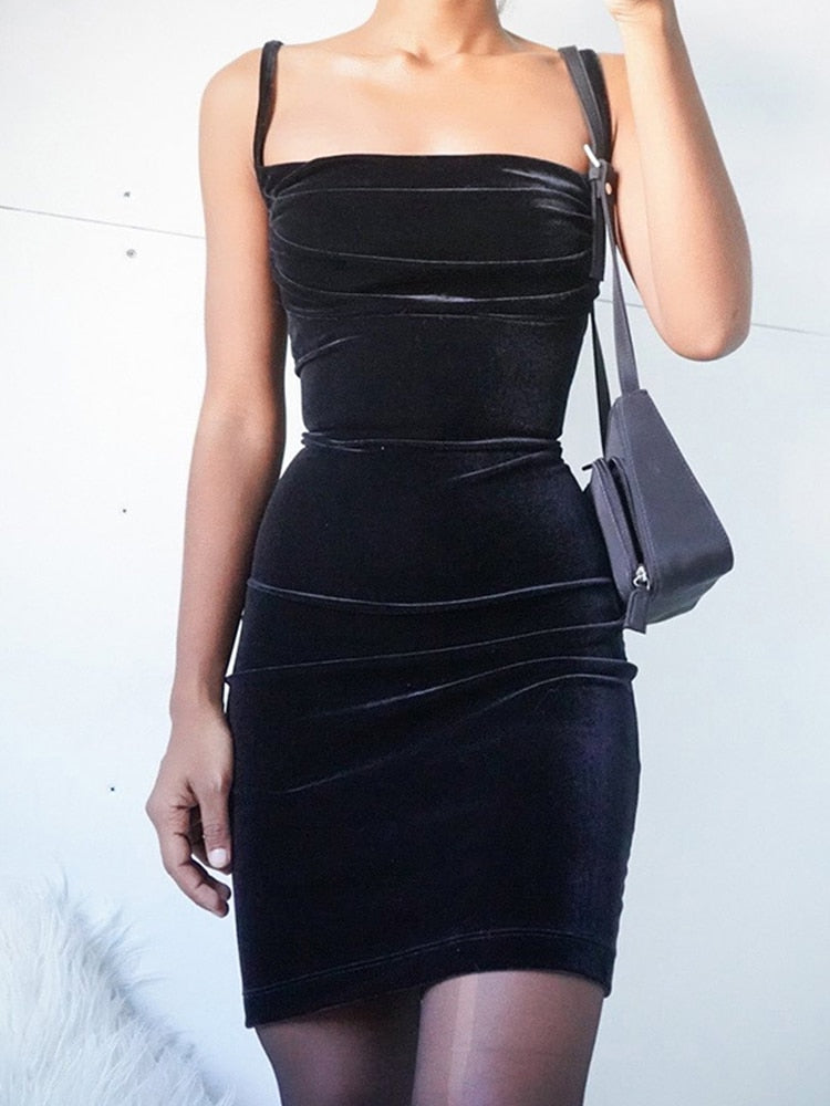 Ootdgirl  Black Velvet Spaghetti Strap Dress Front Ruched Mini Skinny Sleeveless Off Shoulder Women Fashion Elegant  Party Dress