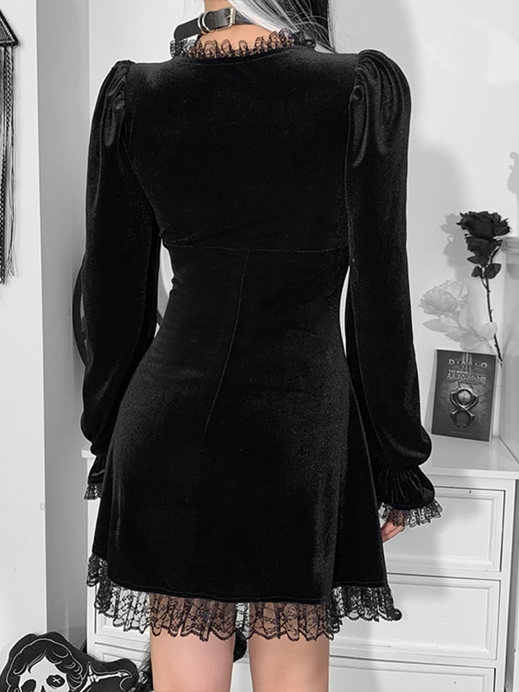 Ootdgirl Halloween Black Dress Retro Street Women Gothic Lacework Long Sleeve Tassel Lace Aesthetic Y2k Grunge Exotic Silver Cross Dresses