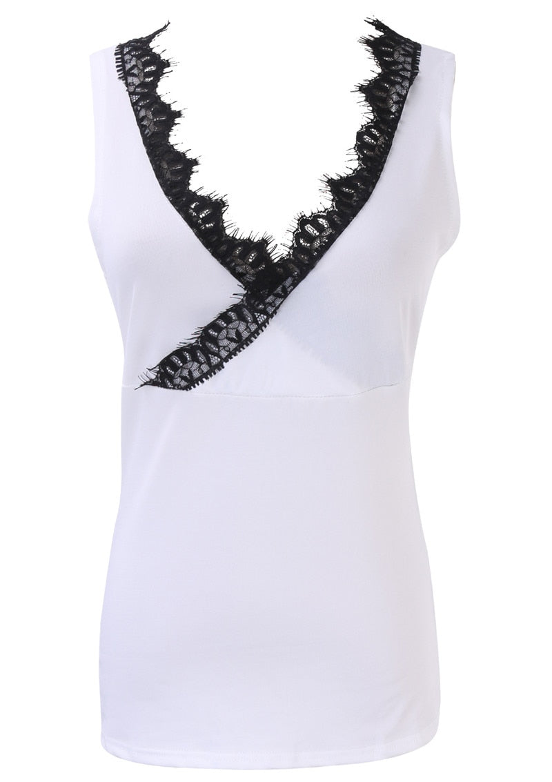 Ootdgirl  Ladies Vest Top Sleeveless V-Neck Lace Casual Tank Tops Solid White Black Summer