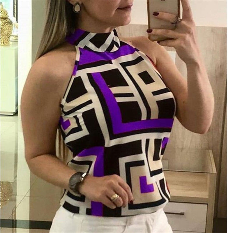 OOTDGIRL Trendy Tank Top Women Female Plus Size Geometric Print Halter Vest Tops Sexy Casual Sleeveless Off Shoulder Tee Shirt Tops