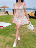 Ootdgirl  Chiffon Backless Bandage Mini Dress Puff Sleeve Ruffles Floral Print Y2K Chic  Bodycon Party Elegant Summer Dress