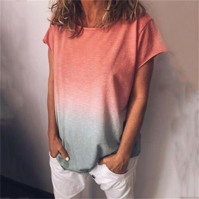 OOTDGIRL Fashionable Gradient Color T-Shirt Women Ladies Short Sleeve Casual Tee Tops Summer Casual Loose Tops T-Shirts