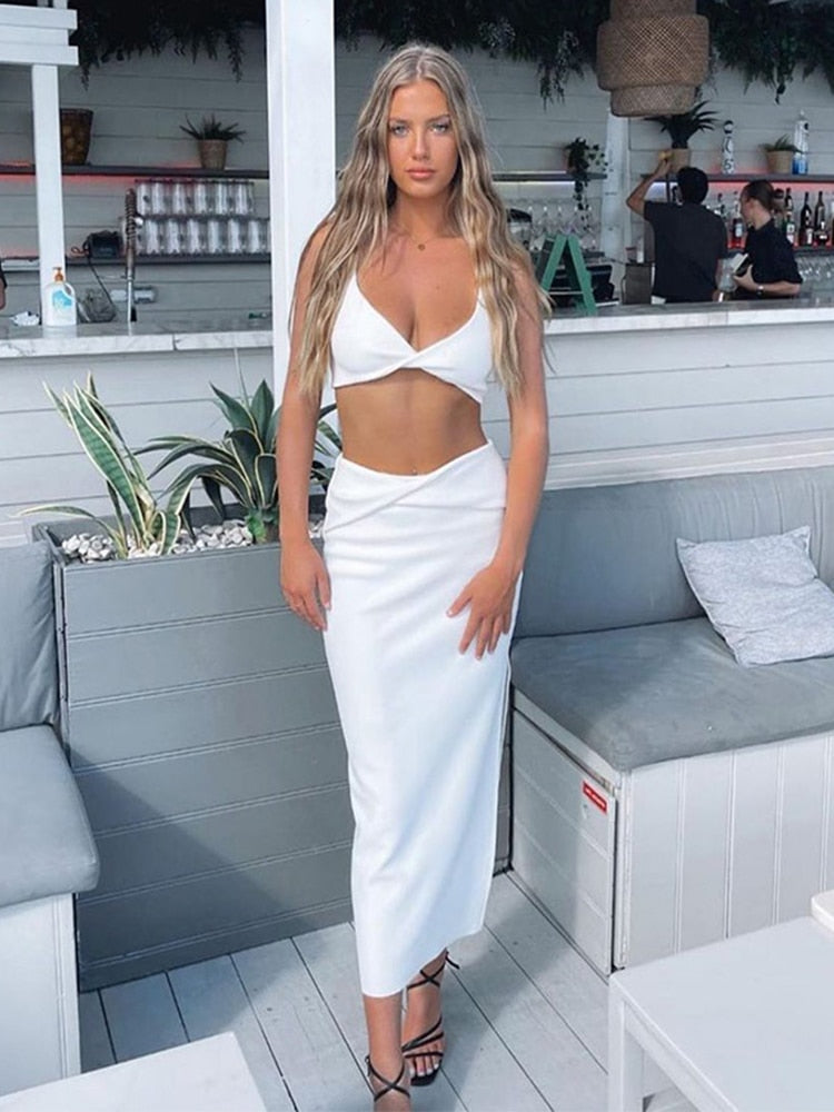 Ootdgirl  Two Piece Set Women Summer Ankle-Length Skirts Women Crop Top  Party Outfit Elegant Solid Hollow Out Skirts Sets