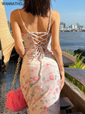 Ootdgirl  Y2K Women Midi Sundress 2023 Velvet Side Split Floral Backless Sleeveless  Holiday Party Beachwear Summer Clothing