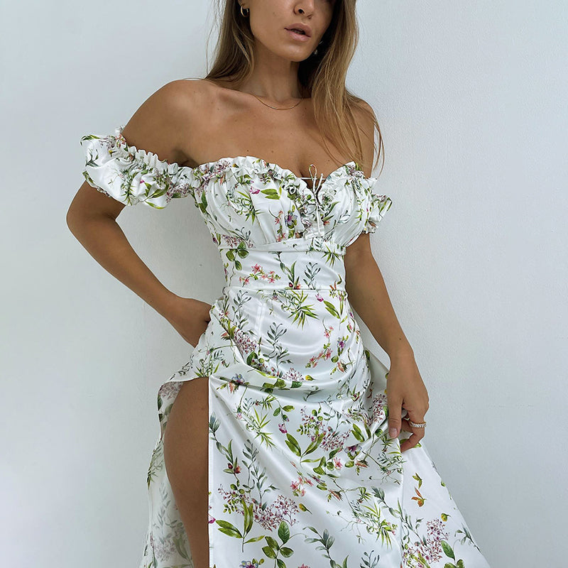 Ootdgirl  Summer Floral Off Shoulder Puff Sleeve Maxi Dress For Woman Robe  Lace Up Side Split Chic Mid-Calf Aesthetic Dress