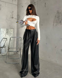 OOTDGIRL 2024 New Elegant Woman Pleated Wide-Leg Leather Pants Black- Noxlook
