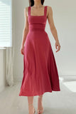 OOTDGIRL 2024 new Midi dresses Simplicity Solid Frenulum Square Collar Sling Dress Dresses