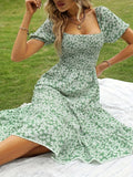 OOTDGIRL 2024 new Midi dresses Ditsy Print Layer Ruffle Dress, Vacation Puff Sleeve Square Neck Dress, Women's Clothing