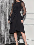 OOTDGIRL 2024 new Midi dresses Contrast Mesh Asymmetrical Dress, Elegant Crew Neck Dress For Spring & Fall, Women's Clothing