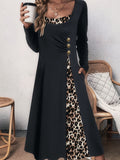 OOTDGIRL 2024 new Midi dresses Leopard Print Button Decorate Dress, Elegant Long Sleeve Dress For Spring & Fall, Women's Clothing