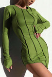 OOTDGIRL Irregular Shirred Long Sleeve Bodycon Mini Dress