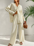 Women's Solid Color Edge Pleated Button-Up Shirt With Matching Pleated Wide-Leg Pants
