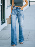 Women's Washed Ripped Wide Leg Jeans