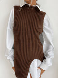 Women's Slit Solid Color Mid-Length Vest Sweater