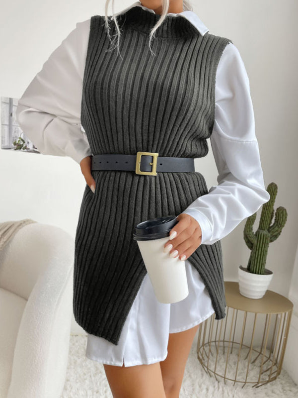 Women's Slit Solid Color Mid-Length Vest Sweater