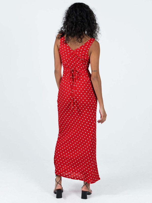 Women's polka dot suspender V-neck fishtail dress