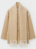 OOTDGIRL New autumn and winter new fashion woolen coat thickened loose with scarf tassels for women