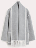 OOTDGIRL New autumn and winter new fashion woolen coat thickened loose with scarf tassels for women