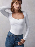 Women's New Bottoming Shirt Stretch Thread Body Flower Square Neck Knitted Long Sleeve T-Shirt Top