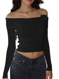 Sexy one-shoulder three-dimensional floral long-sleeved knitted top