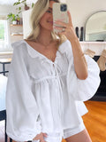 New puff-sleeved fashionable V-neck lace-up ruffled loose and comfortable casual suit