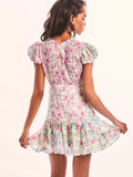 Women's Retro Floral Print V-Neck Fungus Puff Sleeve Dress