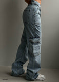 OOTDGIRL 2024 New Elegant Woman Cargo Pocket Low Rise Street Wide Leg Jean Blue - Noxlook