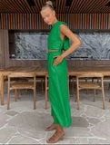 OOTDGIRL 2024 New Elegant Woman Linen Crop Top Pants Set Green