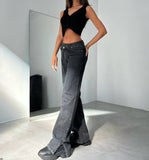 OOTDGIRL 2024 New Elegant Woman Asymmetrical Belt Detail Jeans with Slit Hems  - Wash Smoke