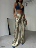OOTDGIRL 2024 New Elegant Woman Cargo Pocket Metallic Pants - Gold