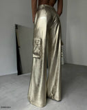 OOTDGIRL 2024 New Elegant Woman Cargo Pocket Metallic Pants - Gold