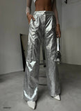 OOTDGIRL 2024 New Elegant Woman Cargo Pocket Metallic Pants - Silver