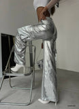 OOTDGIRL 2024 New Elegant Woman Cargo Pocket Metallic Pants - Silver
