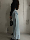 OOTDGIRL 2024 New Elegant Woman Reverse Fabric Wide-Leg Jean -  Blue