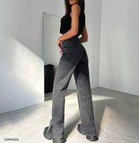 OOTDGIRL 2024 New Elegant Woman Asymmetrical Belt Detail Jeans with Slit Hems  - Wash Smoke