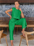 OOTDGIRL 2024 New Elegant Woman Linen Crop Top Pants Set Green