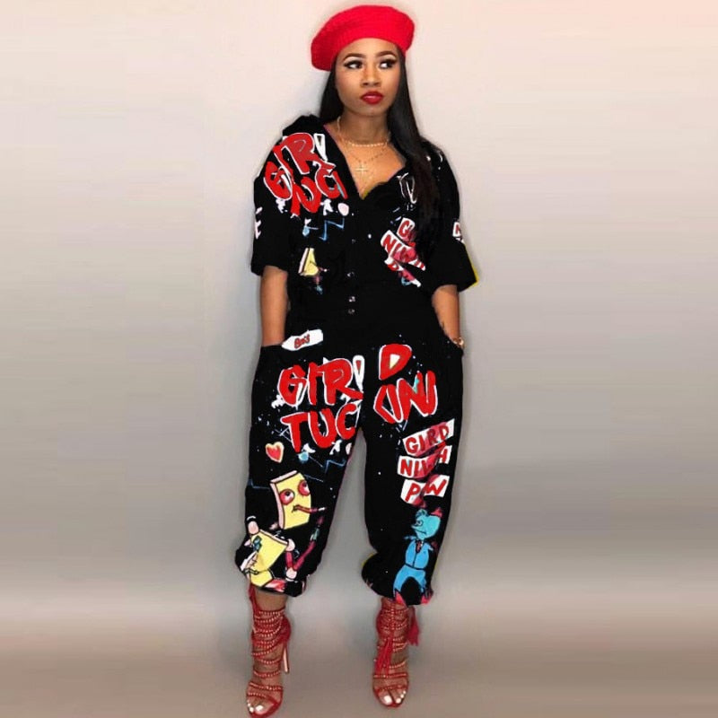 Ootdgirl  2022 Style Brand Fashion Hip Hop Style Women Jumpsuit Special Letter Turn Down Collar Half Sleeve Romper Jumpsuit