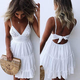Ootdgirl  Women Boho  Dress Summer Strappy Lace V-Neck Dresses Female Beach Backless Bandage Party Sundress Mini Ruffle White Dresses