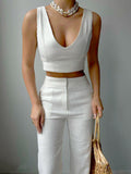 OOTDGIRL 2024 New Elegant Woman Pants Suit Wedding Crop Bustier High Waist Linen Suit White - Noxlook